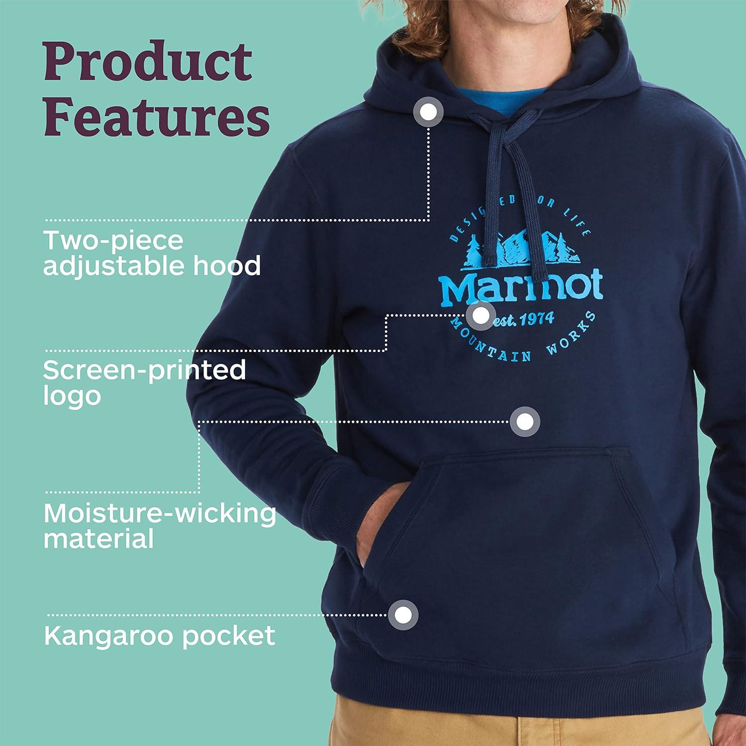 imageMARMOT Mens Culebra Peak Hoody Hooded Midweight Pullover Fleece Sweatshirt with Screen Printed Graphic and Kangaroo PocketArctic Navy