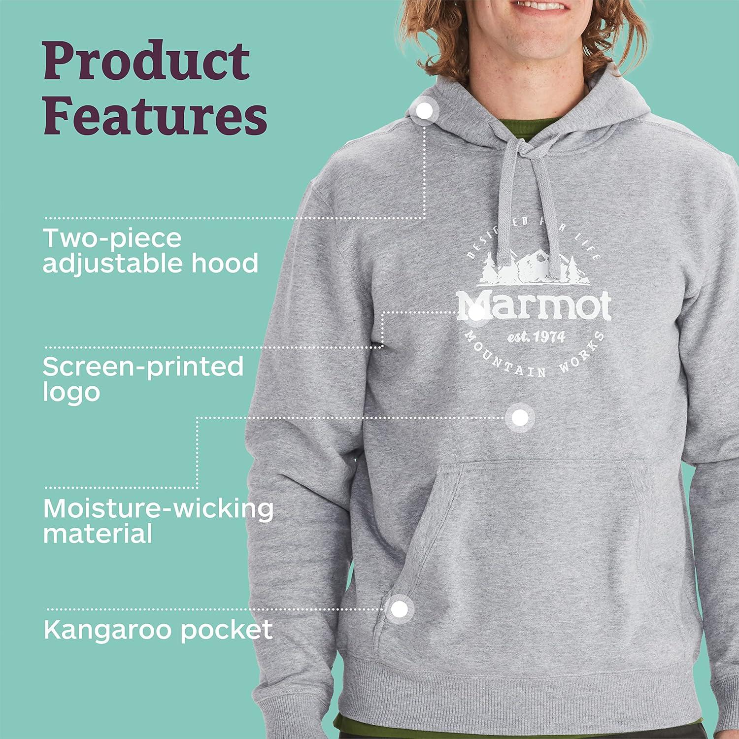 imageMARMOT Mens Culebra Peak Hoody Hooded Midweight Pullover Fleece Sweatshirt with Screen Printed Graphic and Kangaroo PocketGrey Heather