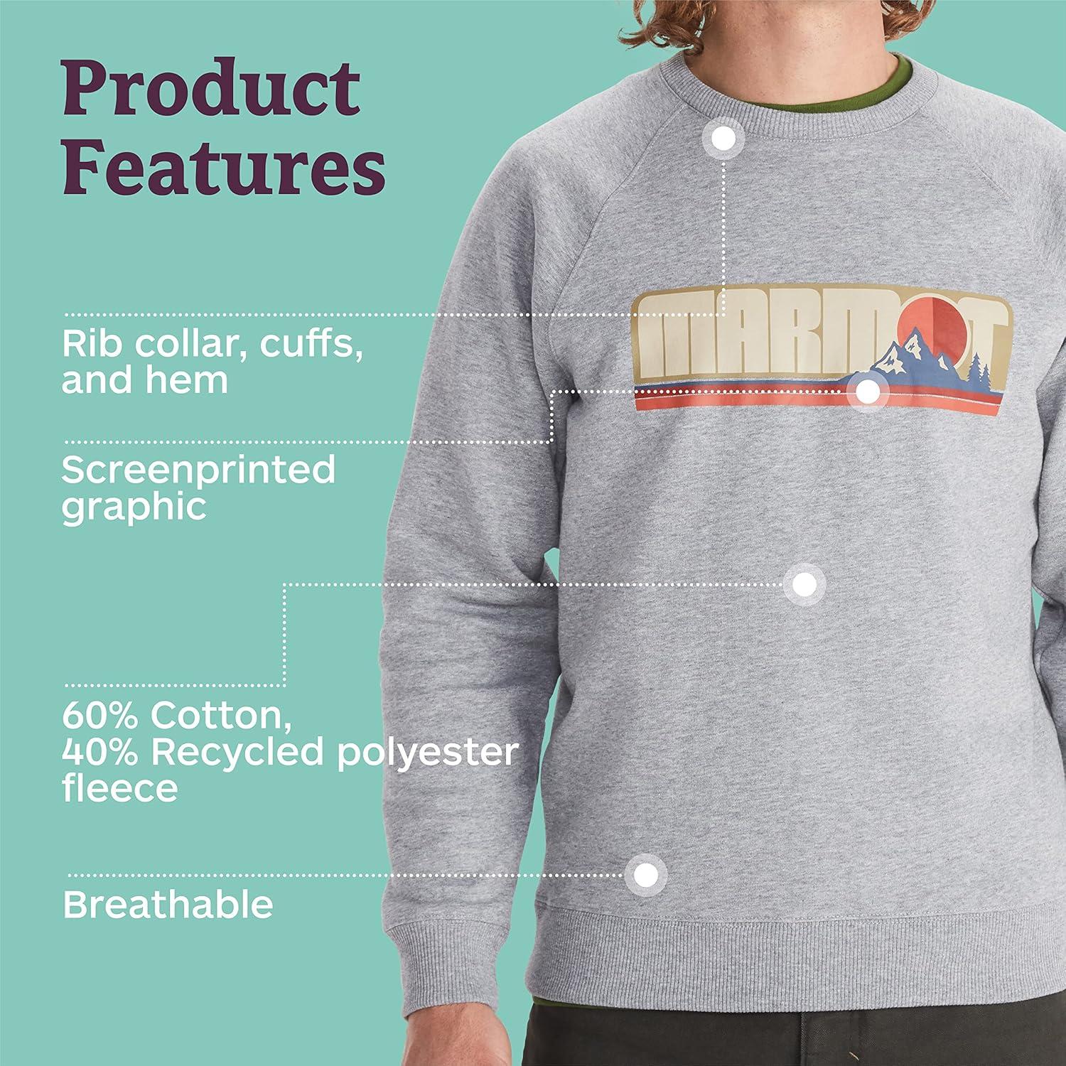 imageMARMOT Mens Montane Crew Sweatshirt Screen Printed Graphic on Warm Breathable EcoFriendly CottonPoly BlendGrey Heather