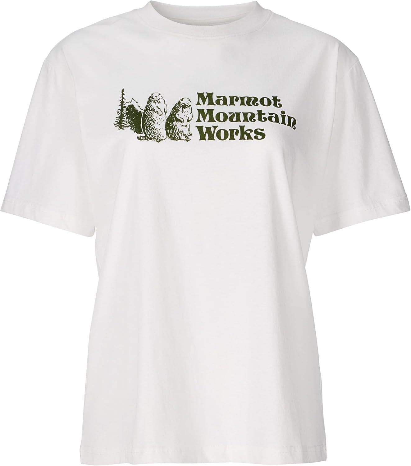 imageMARMOT Womens MMW ShortSleeve Tee Shirt Screen Printed Graphic on Soft Breathable EcoFriendly CottonPoly BlendWhiteOlive Grove