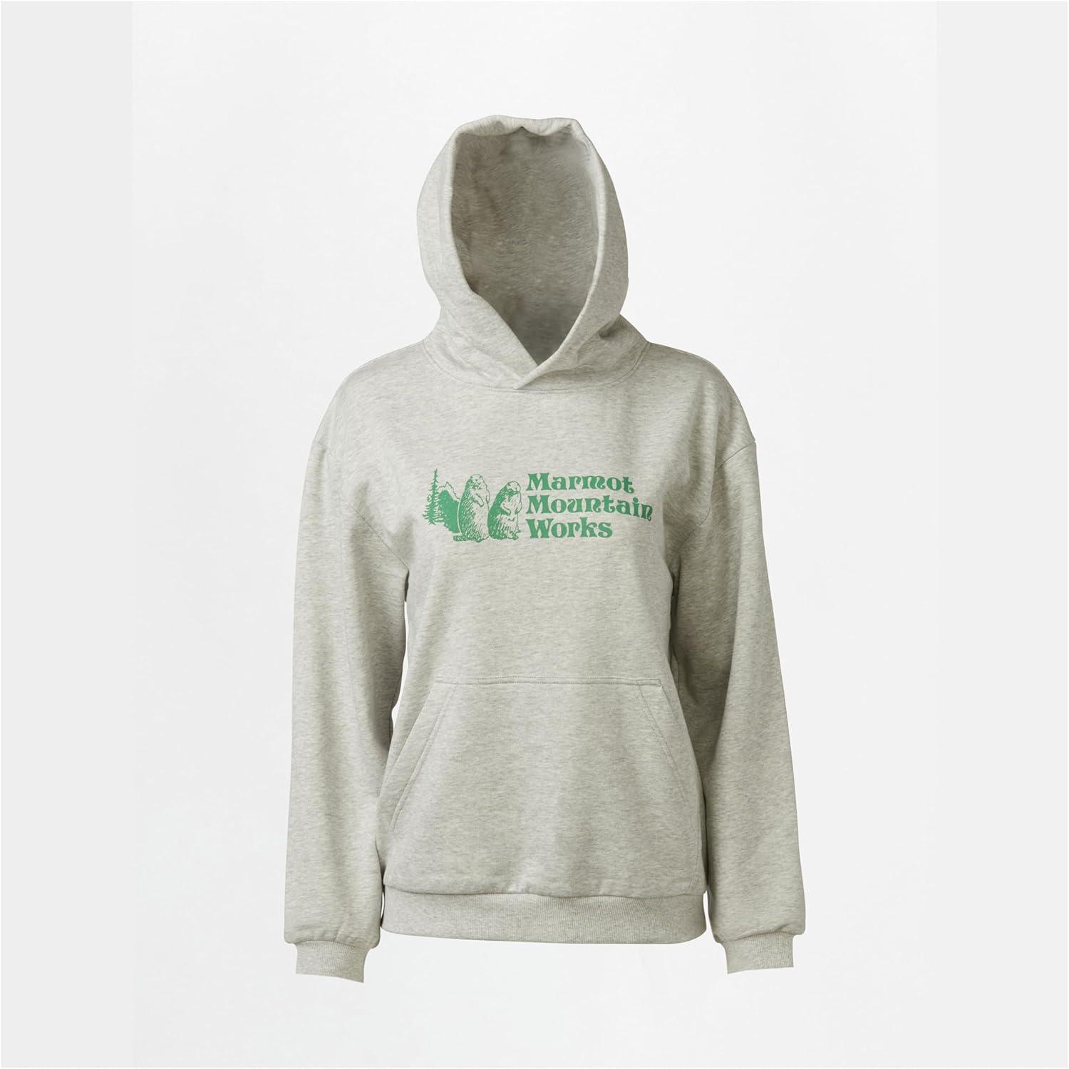 imageMARMOT Womens Marmot for Life Hoody Hooded Sweatshirt with Screen Printed Graphic DoubleLayer Hood and Kangaroo PocketLight Grey Heather