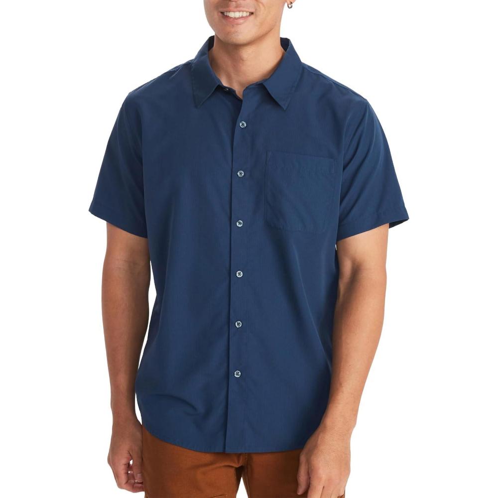 imageMARMOT Mens Aerobora Short Sleeve ButtonDown Shirt Lightweight Packable QuickDrying UPF ProtectionArctic Navy