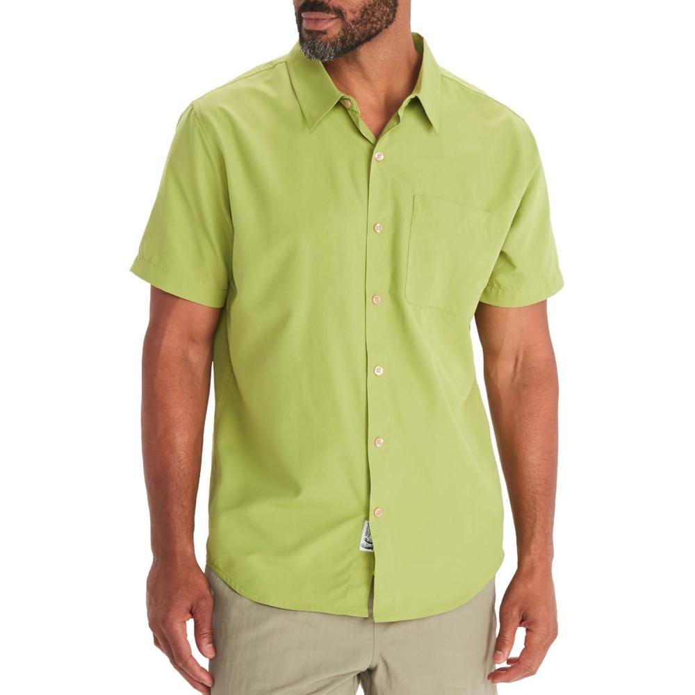 imageMARMOT Mens Aerobora Short Sleeve ButtonDown Shirt Lightweight Packable QuickDrying UPF ProtectionSpinach Green