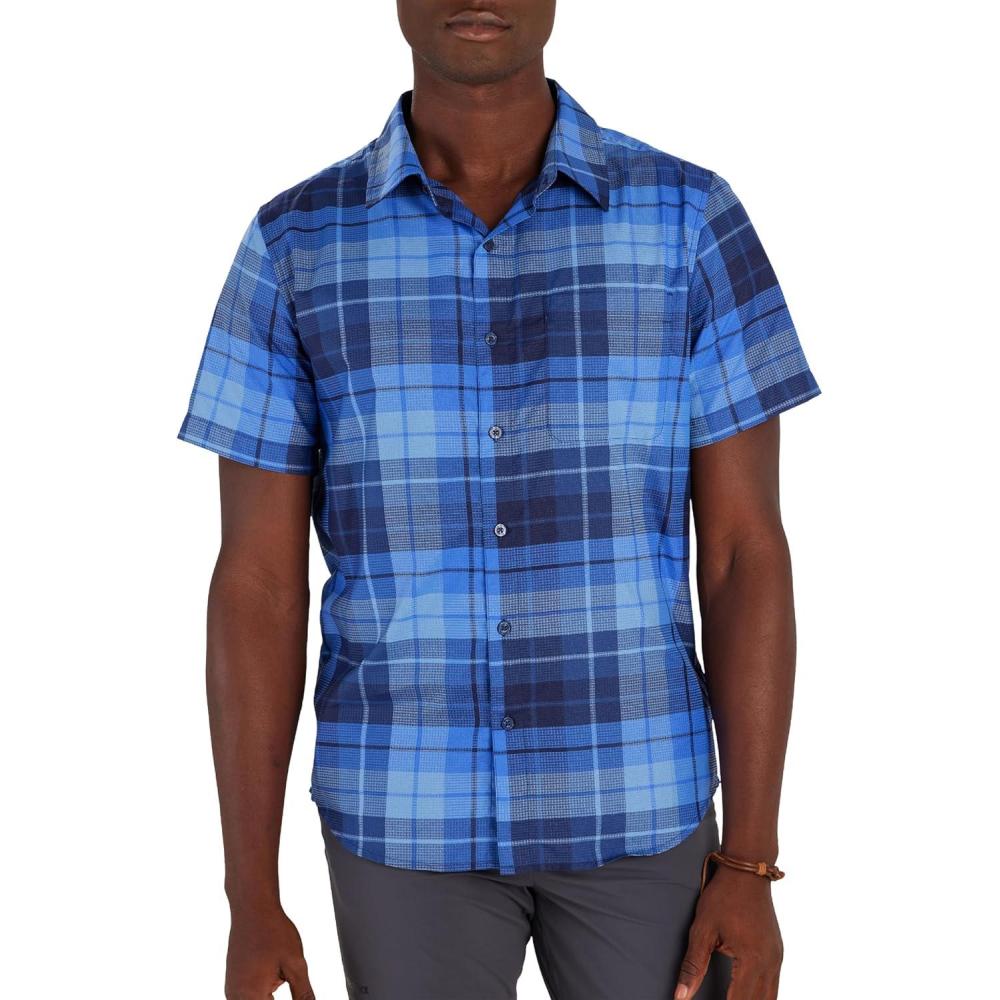 imageMARMOT Mens Aerobora Short Sleeve ButtonDown Shirt Lightweight Packable QuickDrying UPF ProtectionTwilight Blue Wayland Plaid