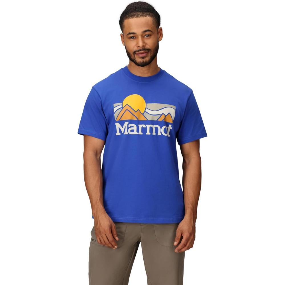 imageMARMOT Mens Coastal ShortSleeve TShirt Screen Printed Graphic on Soft Breathable EcoFriendly CottonPoly BlendOxide Blue