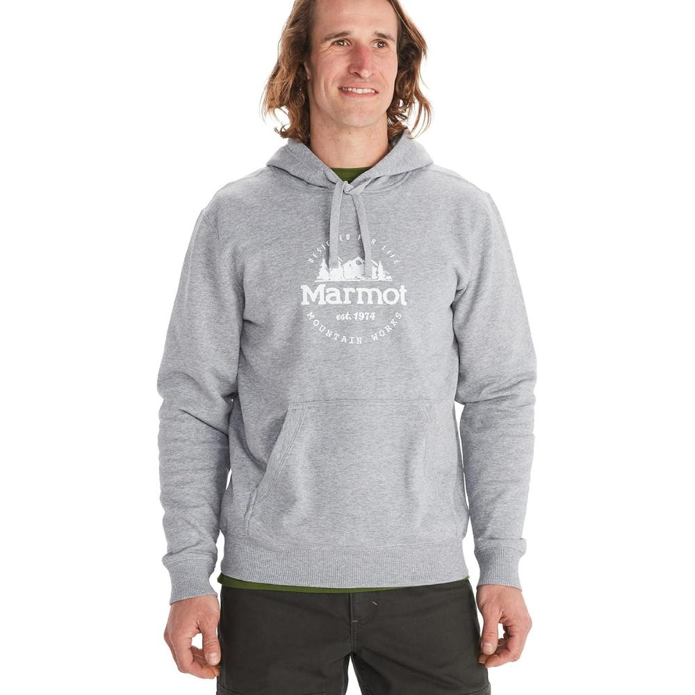 imageMARMOT Mens Culebra Peak Hoody Hooded Midweight Pullover Fleece Sweatshirt with Screen Printed Graphic and Kangaroo PocketGrey Heather