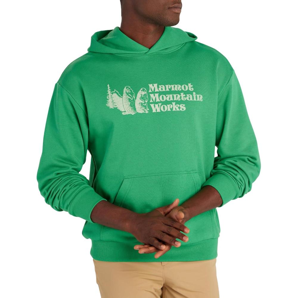 imageMARMOT Mens MMW Hoody Hooded Sweatshirt with Screen Printed Graphic DoubleLayer Hood and Kangaroo PocketClover