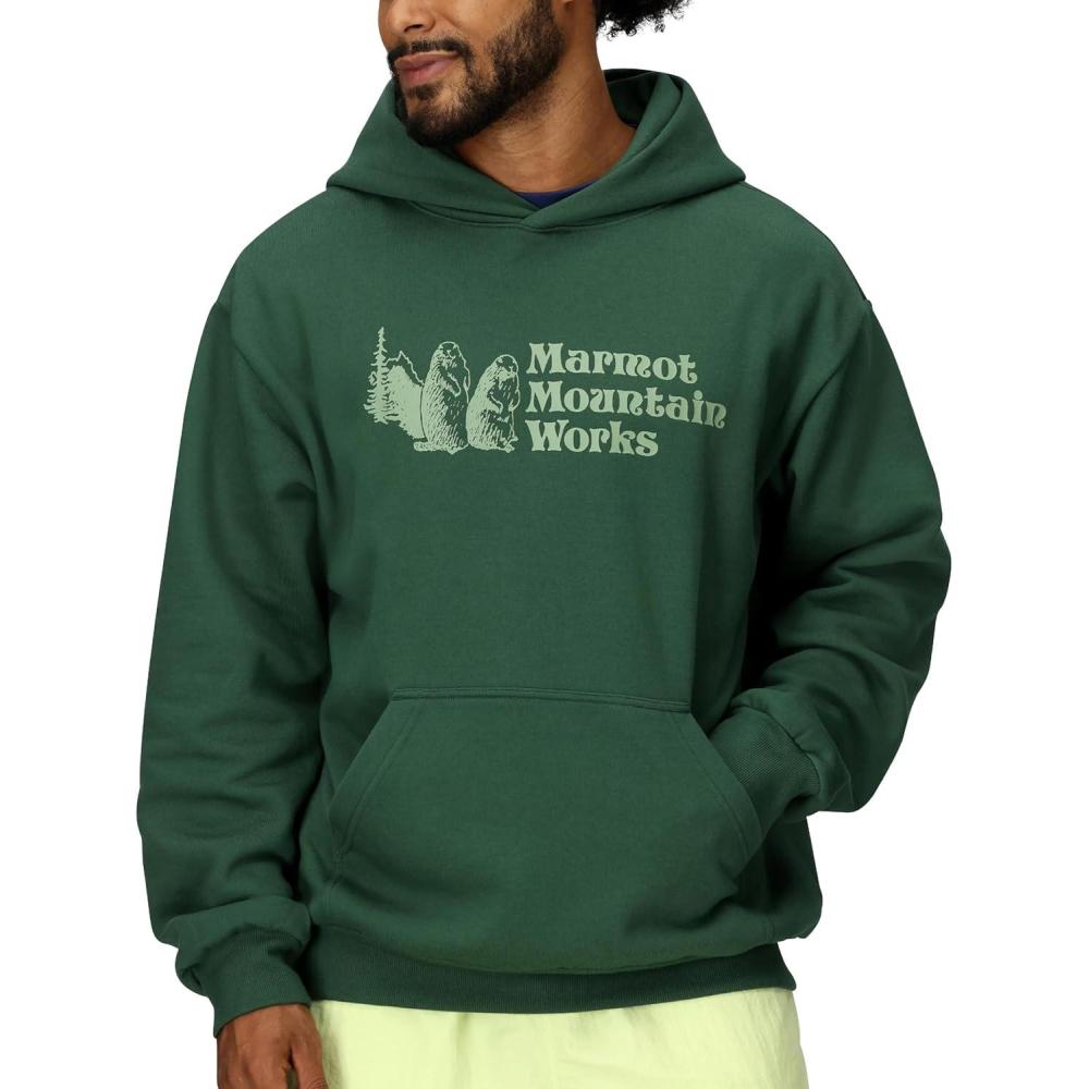 imageMARMOT Mens MMW Hoody Hooded Sweatshirt with Screen Printed Graphic DoubleLayer Hood and Kangaroo PocketJuniper Green