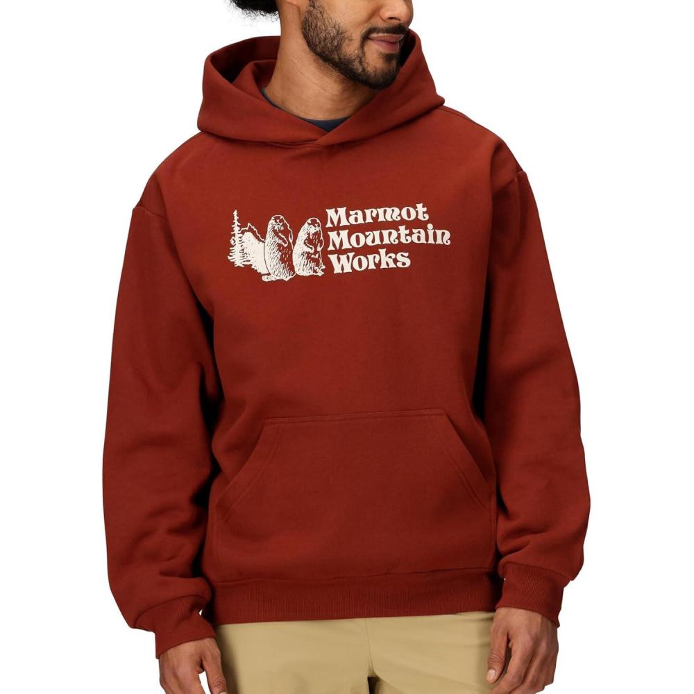imageMARMOT Mens MMW Hoody Hooded Sweatshirt with Screen Printed Graphic DoubleLayer Hood and Kangaroo PocketPecan