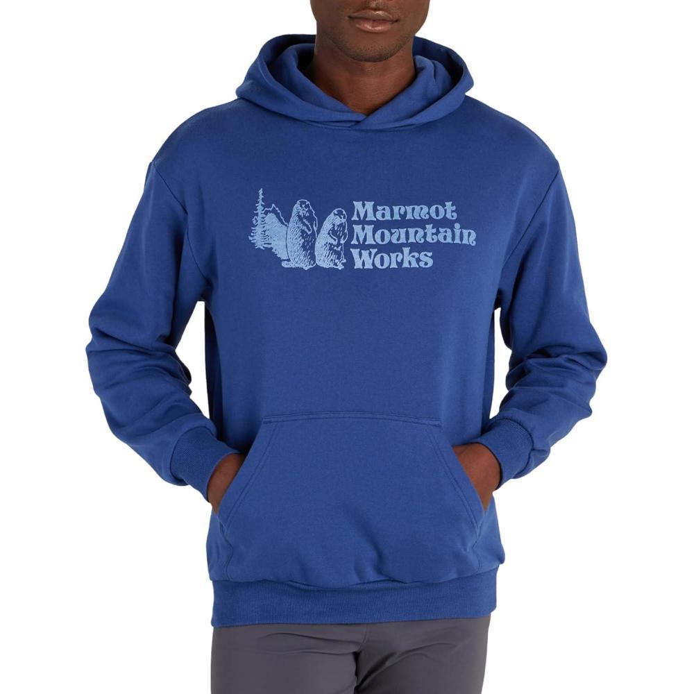 imageMARMOT Mens MMW Hoody Hooded Sweatshirt with Screen Printed Graphic DoubleLayer Hood and Kangaroo PocketTwilight Blue