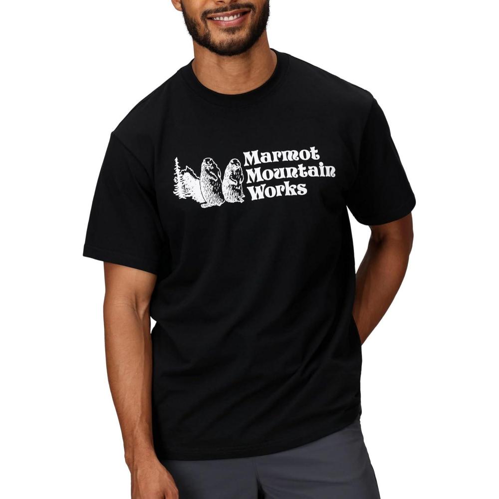 imageMARMOT Mens MMW ShortSleeve Tee Screen Printed Graphic on Soft Breathable EcoFriendly CottonPoly BlendBlack