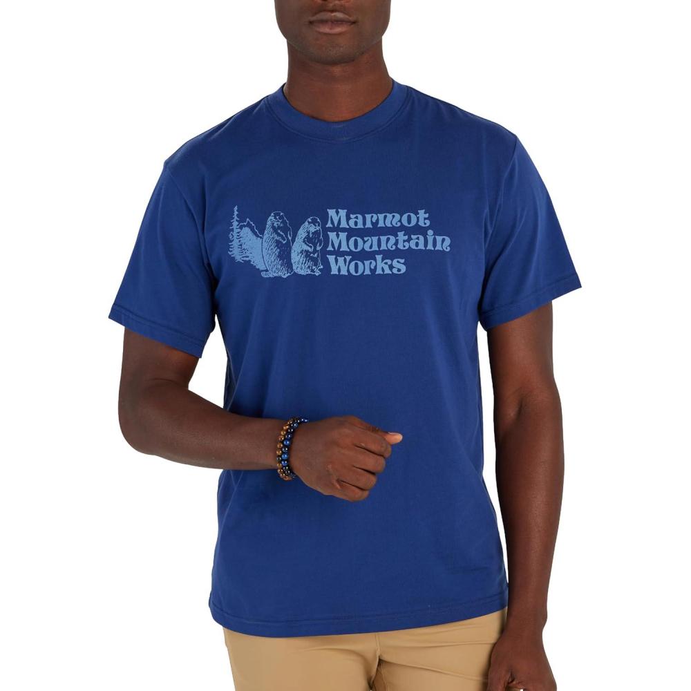 imageMARMOT Mens MMW ShortSleeve Tee Screen Printed Graphic on Soft Breathable EcoFriendly CottonPoly BlendTwilight Blue