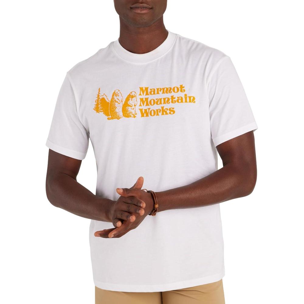imageMARMOT Mens MMW ShortSleeve Tee Screen Printed Graphic on Soft Breathable EcoFriendly CottonPoly BlendWhite