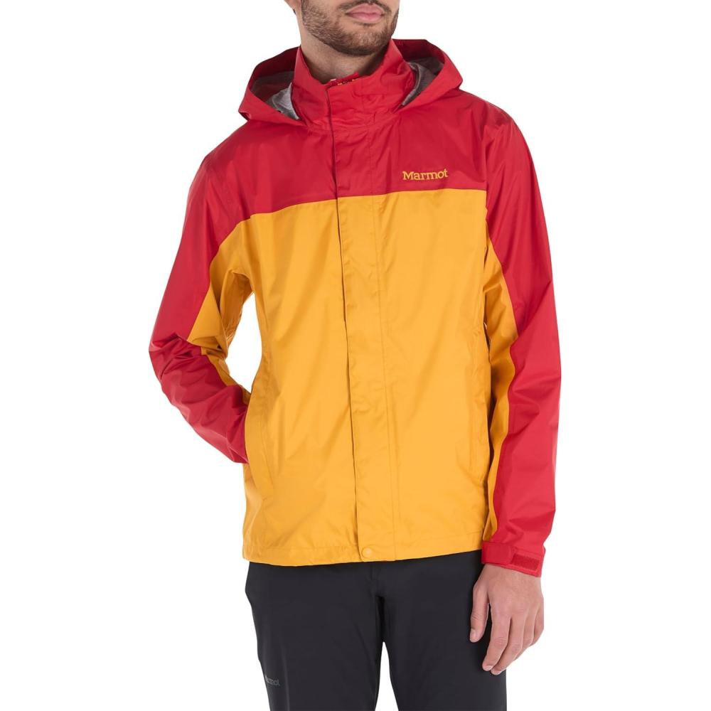 imageMARMOT Mens Precip Eco Waterproof Rain Jacket 100 Recycled Breathable Lightweight Packable RaincoatTeam RedGolden Sun Latest Collection