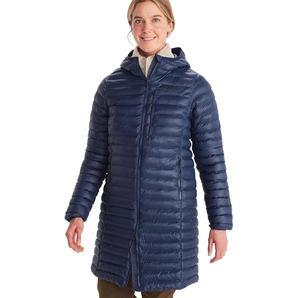 imageMARMOT Womens Echo Featherless Long Jacket MidThigh Lightweight DownAlternative Puffer with HoodArctic Navy Shiny