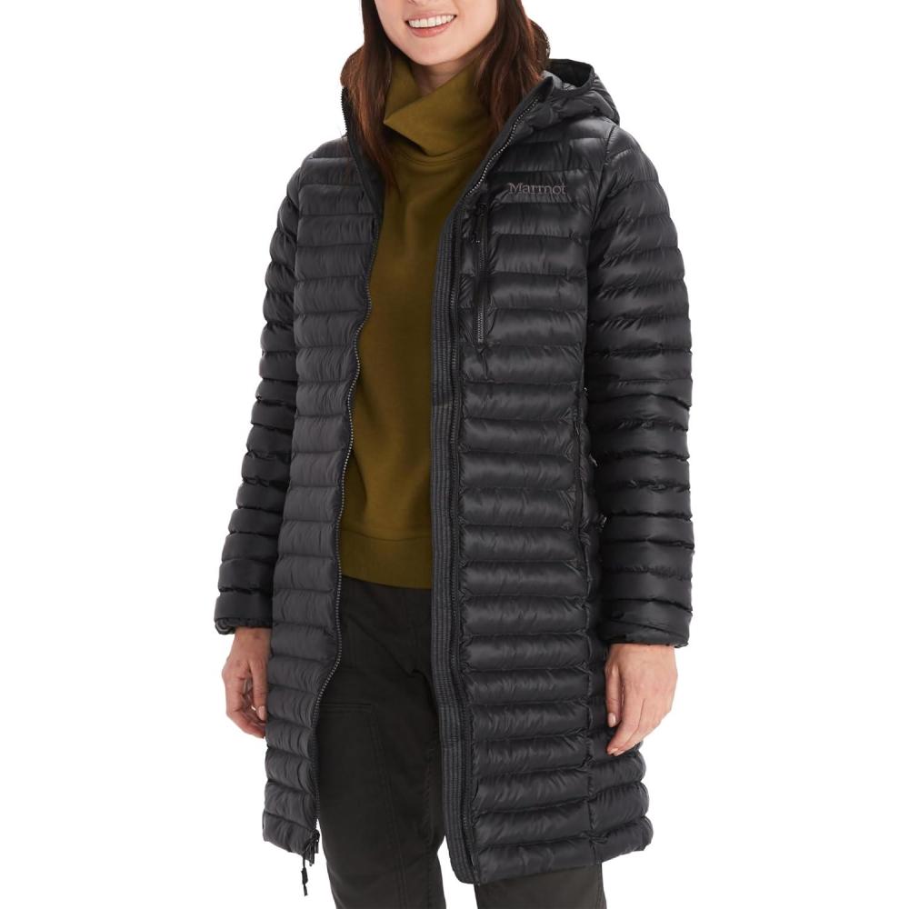imageMARMOT Womens Echo Featherless Long Jacket MidThigh Lightweight DownAlternative Puffer with HoodBlack Shiny Latest Collection