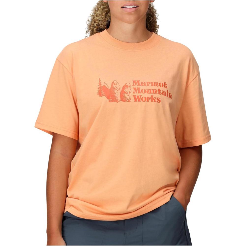 imageMARMOT Womens MMW ShortSleeve Tee Shirt Screen Printed Graphic on Soft Breathable EcoFriendly CottonPoly BlendFresh Apricot