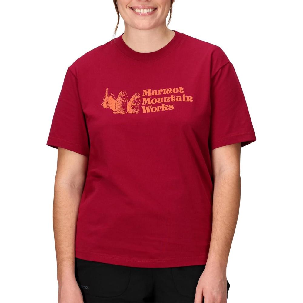 imageMARMOT Womens MMW ShortSleeve Tee Shirt Screen Printed Graphic on Soft Breathable EcoFriendly CottonPoly BlendRed Mulberry