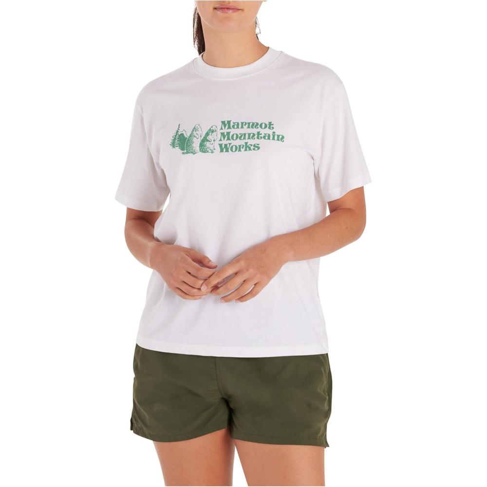 imageMARMOT Womens MMW ShortSleeve Tee Shirt Screen Printed Graphic on Soft Breathable EcoFriendly CottonPoly BlendWhite