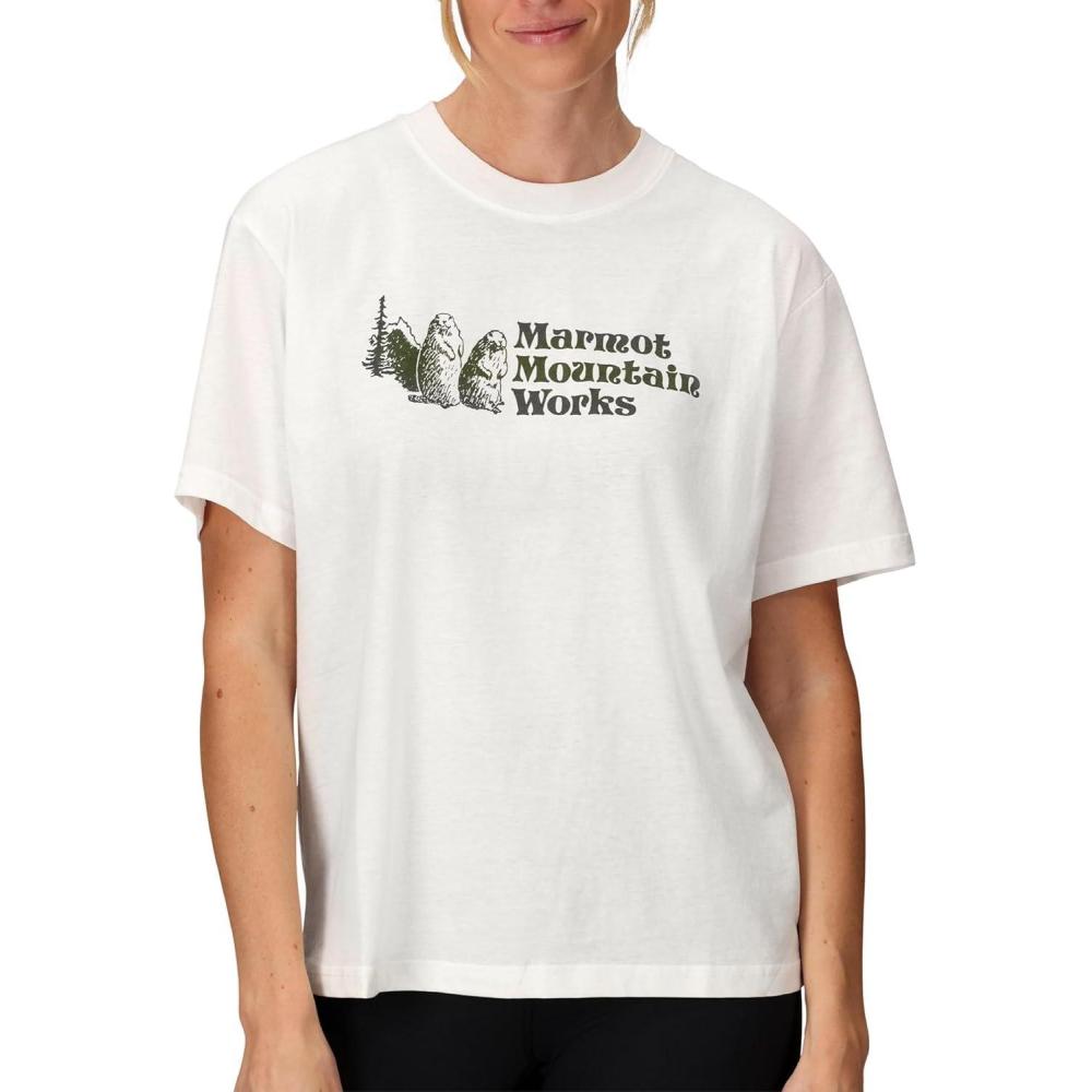 imageMARMOT Womens MMW ShortSleeve Tee Shirt Screen Printed Graphic on Soft Breathable EcoFriendly CottonPoly BlendWhiteOlive Grove