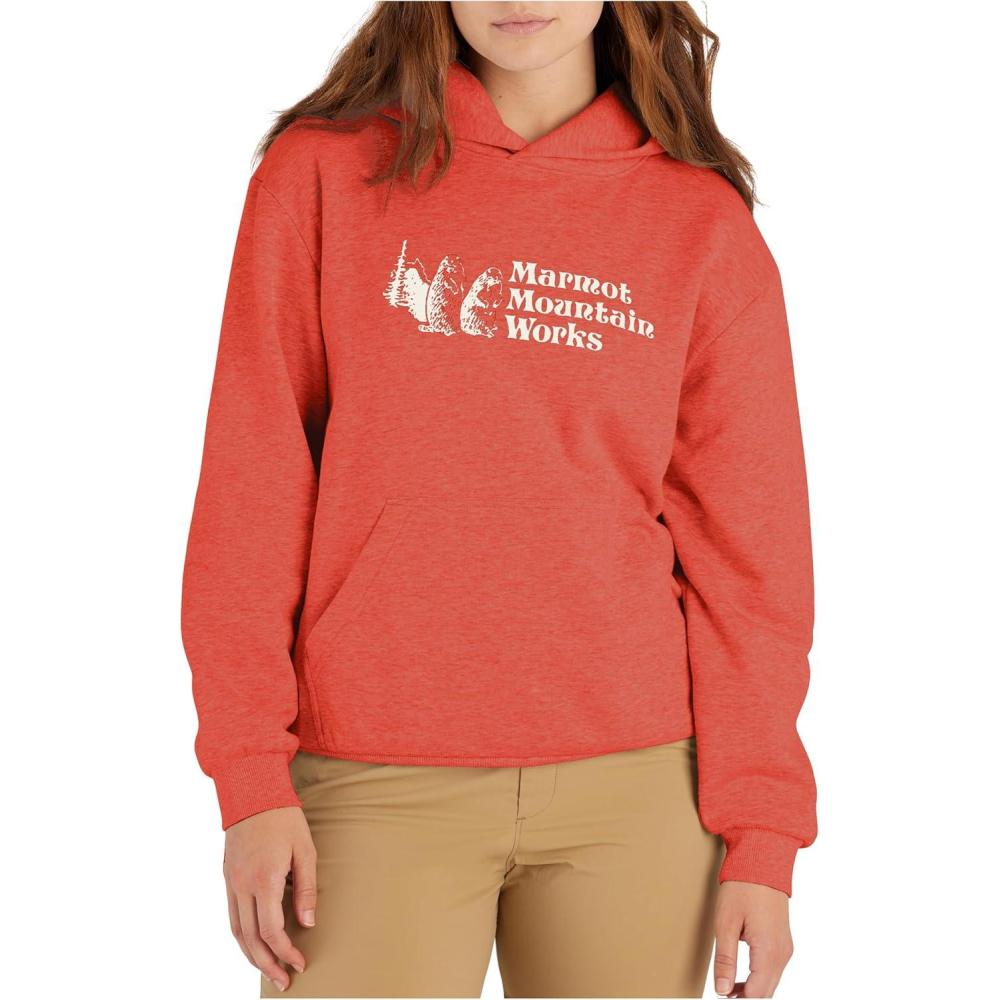 imageMARMOT Womens Marmot for Life Hoody Hooded Sweatshirt with Screen Printed Graphic DoubleLayer Hood and Kangaroo PocketGrapefruit