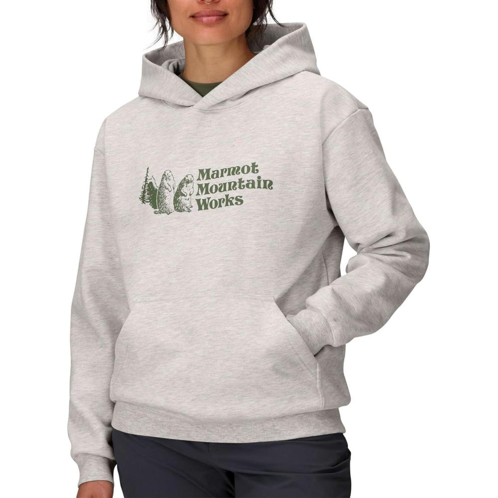 imageMARMOT Womens Marmot for Life Hoody Hooded Sweatshirt with Screen Printed Graphic DoubleLayer Hood and Kangaroo PocketLight Grey HeatherOlive Grove