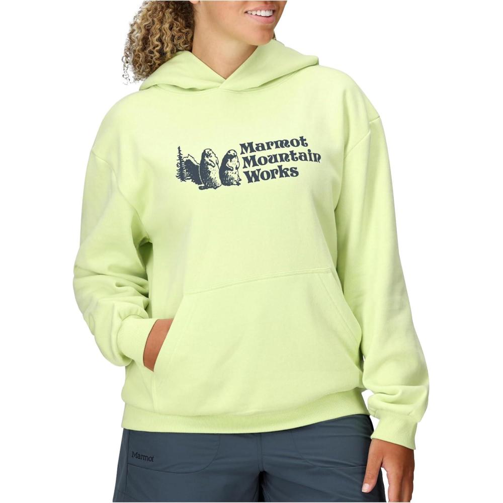 imageMARMOT Womens Marmot for Life Hoody Hooded Sweatshirt with Screen Printed Graphic DoubleLayer Hood and Kangaroo PocketMatcha