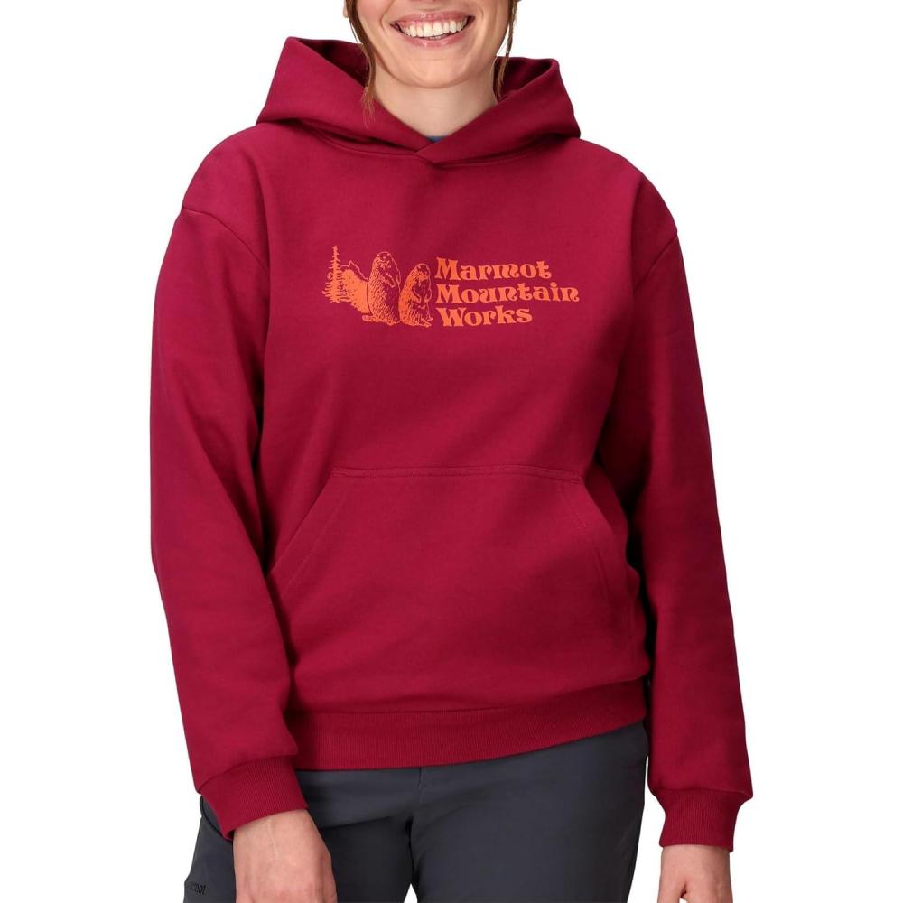 imageMARMOT Womens Marmot for Life Hoody Hooded Sweatshirt with Screen Printed Graphic DoubleLayer Hood and Kangaroo PocketRed Mulberry