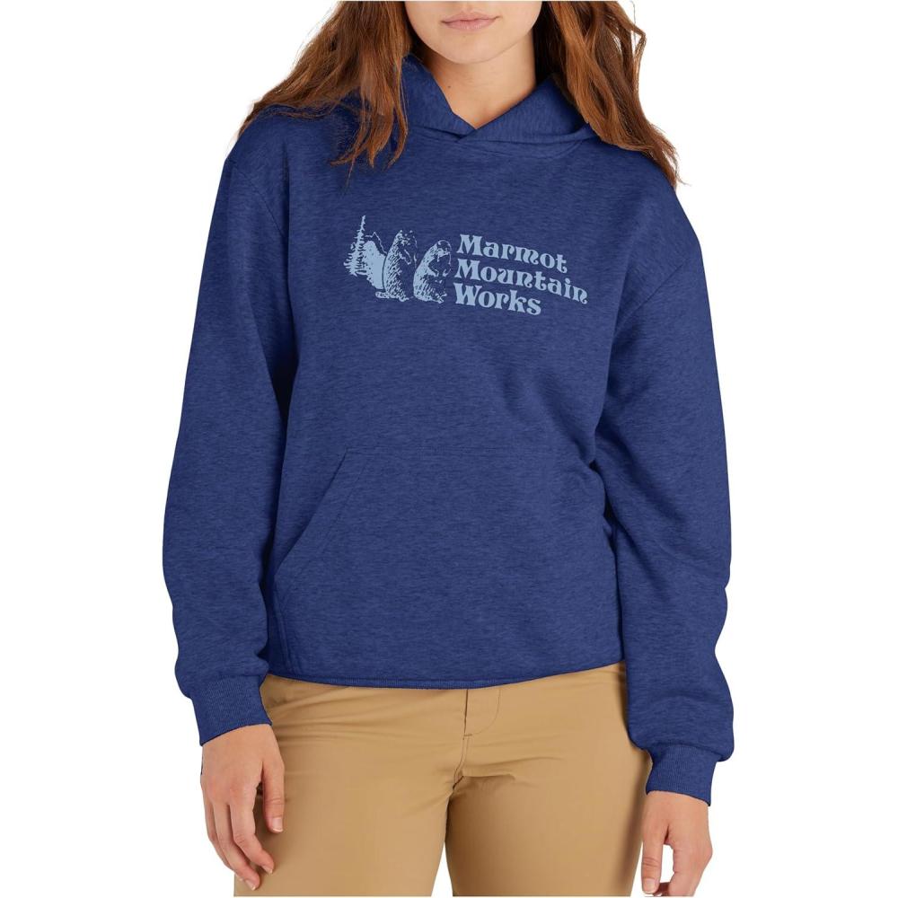 imageMARMOT Womens Marmot for Life Hoody Hooded Sweatshirt with Screen Printed Graphic DoubleLayer Hood and Kangaroo PocketTwilight Blue