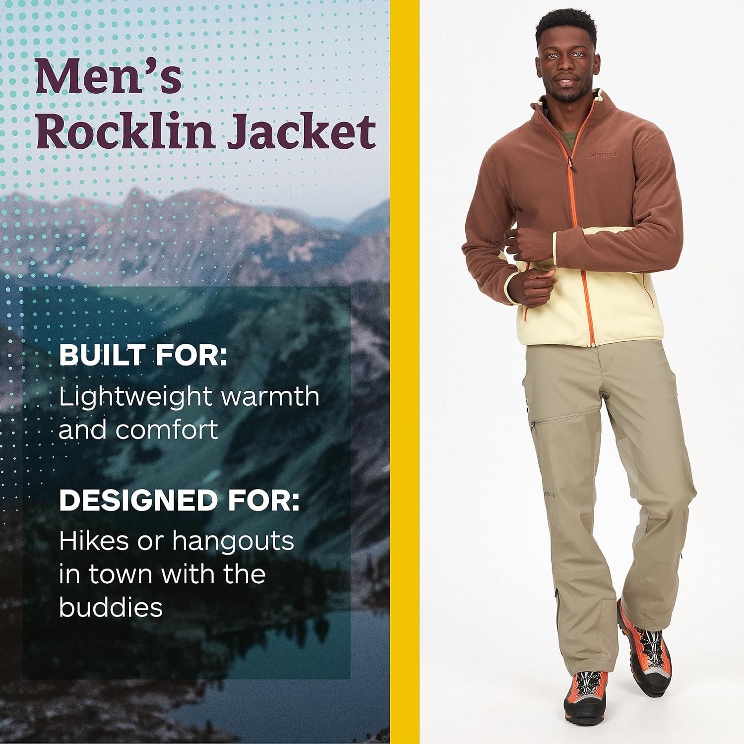 imageMARMOT Mens Rocklin FullZip Jacket Classic Warm Lightweight 100Weight Fleece LayerPineconeWheat