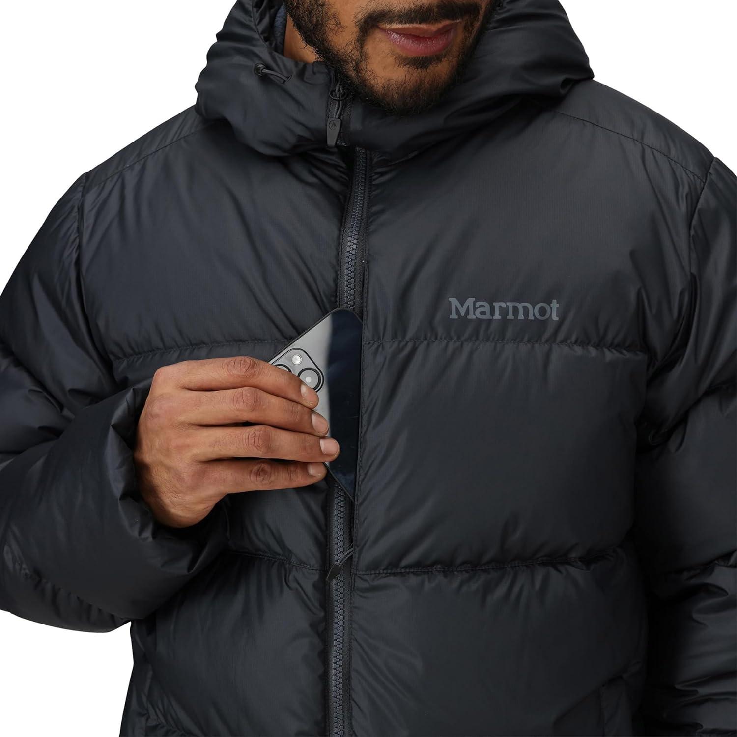 imageMARMOT Mens Guides Down Hoody Jacket Down Filled Water Resistant Puffer Jacket with Hood Dark Steel Small