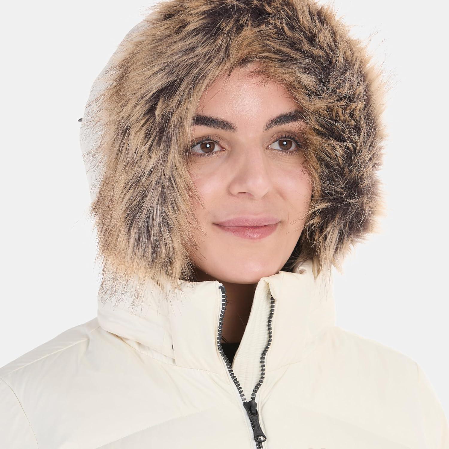 imageMARMOT Womens Ithaca Jacket 700Fill DownInsulated WaterResistant Coat with ZipOff Hood and Removable Fur RuffPapyrus