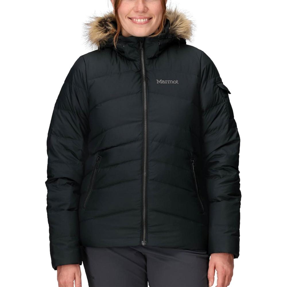 imageMARMOT Womens Ithaca Jacket  700Fill DownInsulated WaterResistant Coat with ZipOff Hood and Removable Fur RuffBlack  Latest Collection