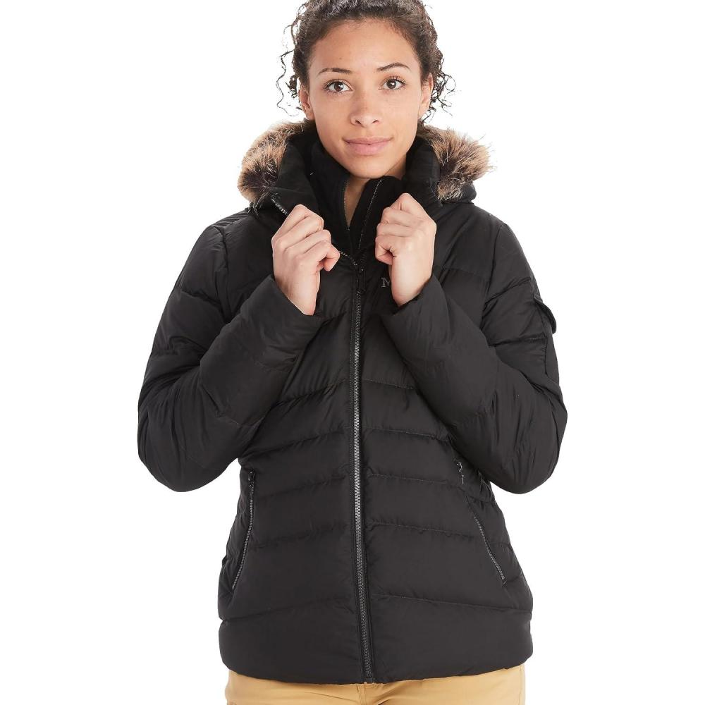 imageMARMOT Womens Ithaca Jacket  700Fill DownInsulated WaterResistant Coat with ZipOff Hood and Removable Fur RuffBlack