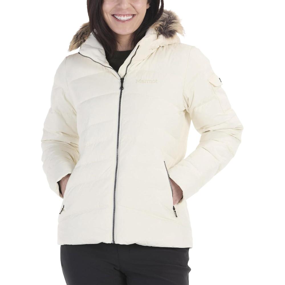 imageMARMOT Womens Ithaca Jacket 700Fill DownInsulated WaterResistant Coat with ZipOff Hood and Removable Fur RuffPapyrus