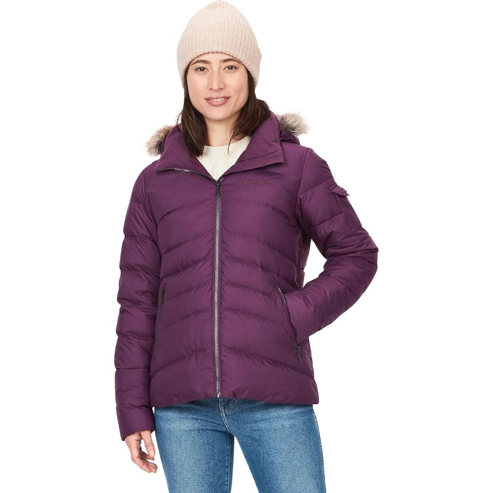 imageMARMOT Womens Ithaca Jacket  700Fill DownInsulated WaterResistant Coat with ZipOff Hood and Removable Fur RuffPurple Fig