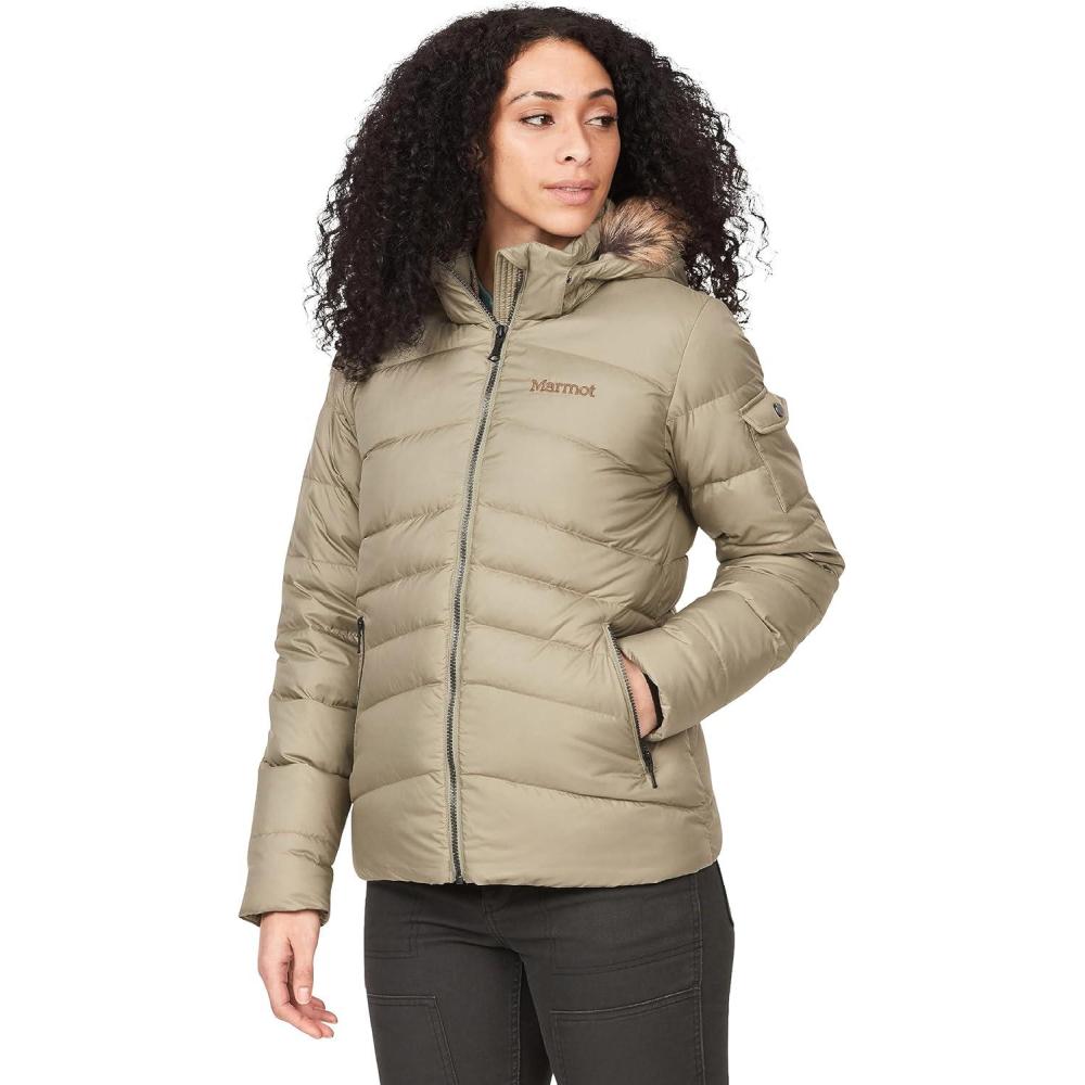 imageMARMOT Womens Ithaca Jacket  700Fill DownInsulated WaterResistant Coat with ZipOff Hood and Removable Fur RuffVetiver