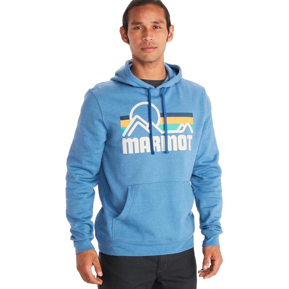 imageMARMOT Mens Coastal Hoody Hooded Sweatshirt with Screen Printed Graphic Jersey Lined Hood and Kangaroo PocketVarsity Blue Heather