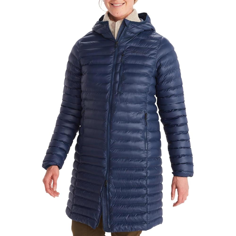 imageMARMOT Womens Echo Featherless Long Jacket Lightweight Hooded Downalternative Insulated JacketArctic Navy Shiny Latest Collection
