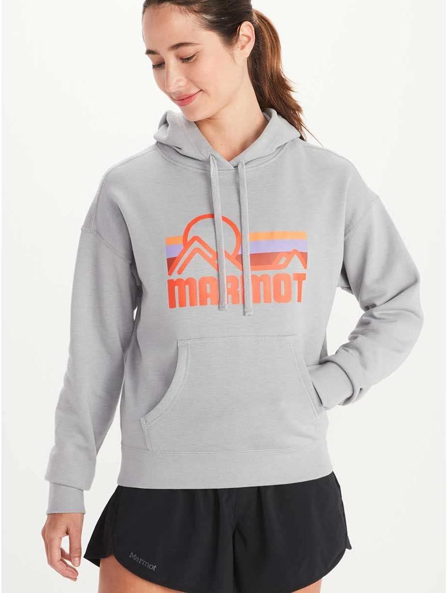 imageMARMOT Womens Coastal Hoody Hooded Sweatshirt with Screen Printed Graphic Jersey Lined Hood and Kangaroo PocketSleet Heather