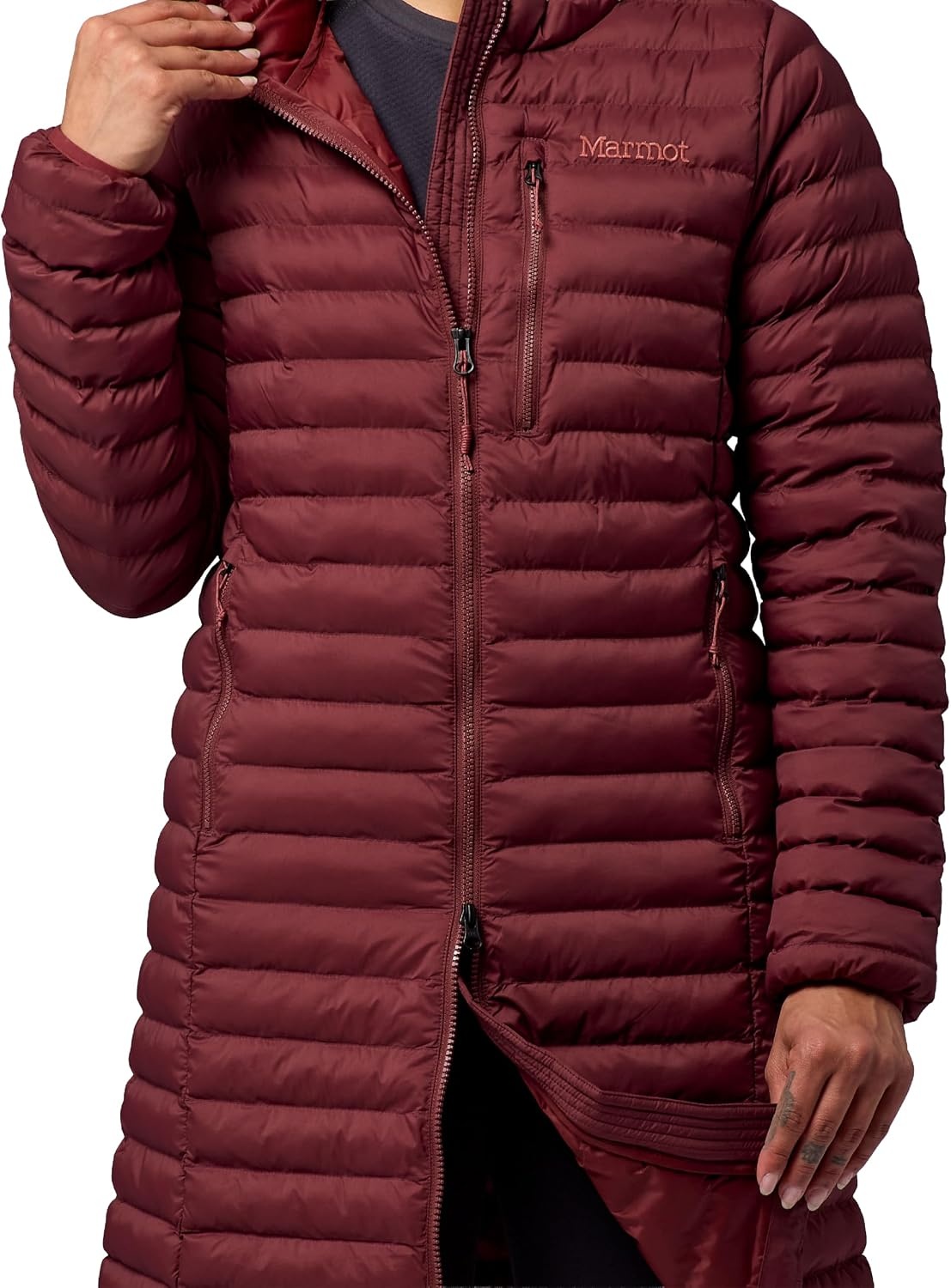 image:imageMARMOT Womens Echo Featherless Long Jacket Lightweight Hooded DownAlternative Insulated JacketSoft Oxblood