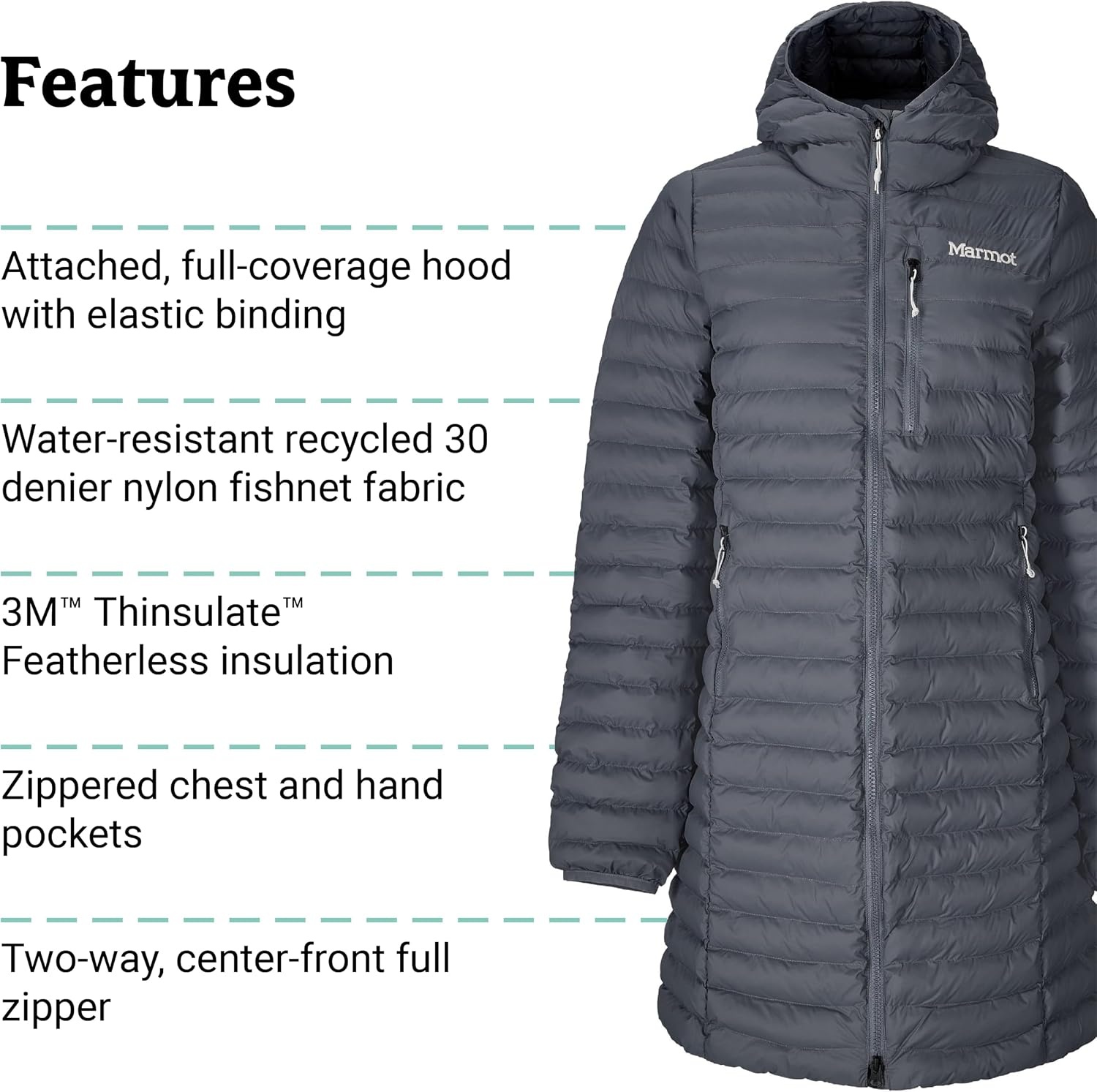 image:imageMARMOT Womens Echo Featherless Long Jacket Lightweight Hooded DownAlternative Insulated JacketSteel Onyx