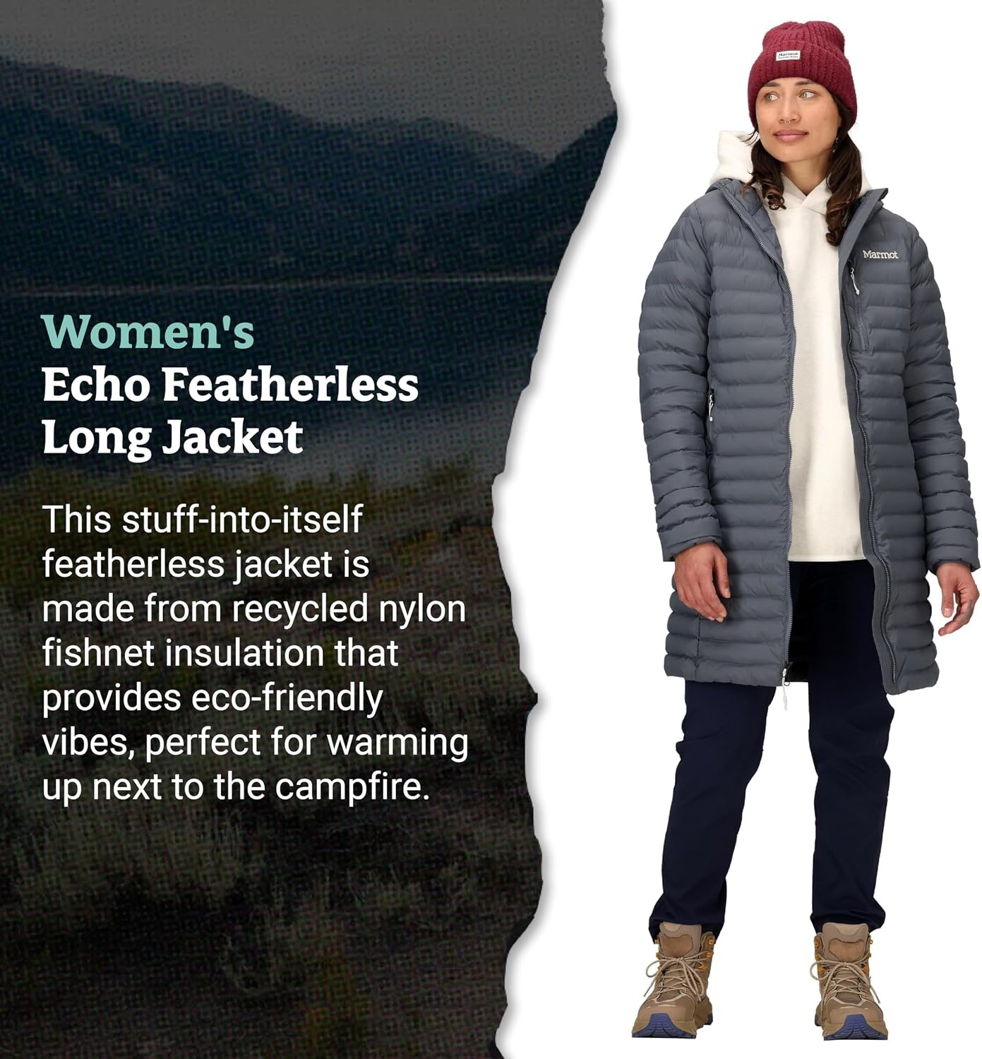 image:imageMARMOT Womens Echo Featherless Long Jacket Lightweight Hooded DownAlternative Insulated JacketSteel Onyx