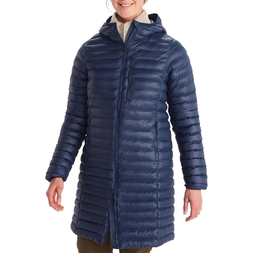 image:imageMARMOT Womens Echo Featherless Long Jacket Lightweight Hooded DownAlternative Insulated JacketArctic Navy Shiny Latest Collection